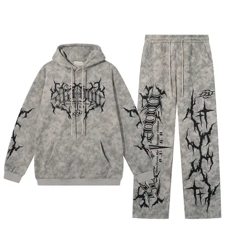 Men's Vintage Wash Tie-Dye Graphic Cross Print Hoodie & Sweatpants Set, Casual Fashion Streetwear, Fall Winter, 2 Piece Set, Sweatsuit