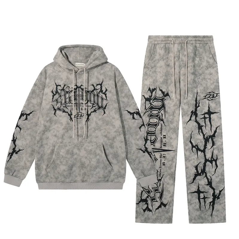 Men's Vintage Wash Tie-Dye Graphic Cross Print Hoodie & Sweatpants Set, Casual Fashion Streetwear, Fall Winter, 2 Piece Set, Sweatsuit
