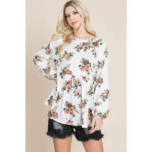 Super Lady Full Size Babydoll Floral Boat Neck Long Sleeve Blouse