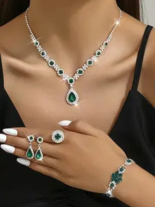 Elegant Women's Jewelry Set, Crystal Gemstone Water Drop Necklace Earrings Bracelet Ring, Perfect Wedding Party Valentine Gift