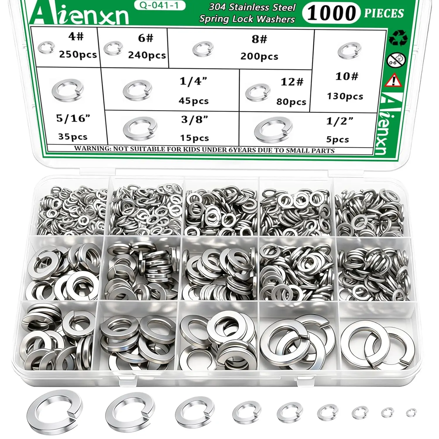 1000PCS Spring Lock Washers Assortment Kit 9 SAE Sizes #4 #6 #8 #10 #12 1/4" 5/16" 3/8" 1/2" 304 Stainless Steel Washers for Bolts Screws Split Lock Washer Set