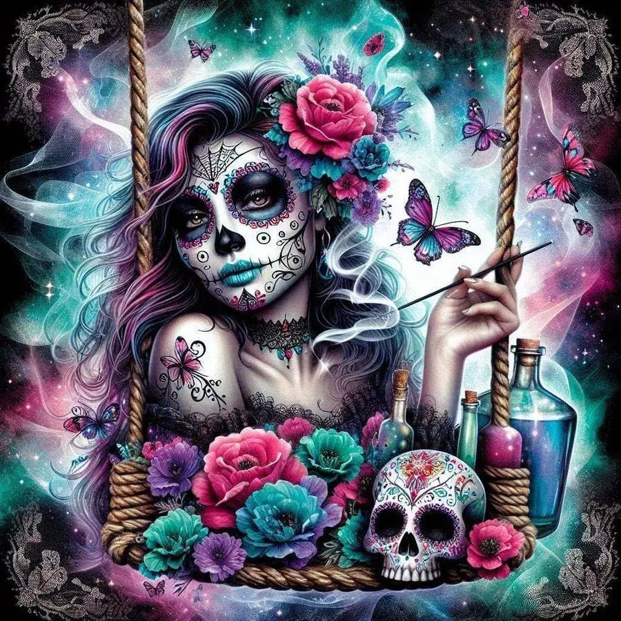 5D DIY full drill round diamond painting - Diamond art painting kit with flowers, skulls, and butterflies mosaic, canvas - home wall decor, Craft, perfect for Halloween, Christmas, birthdays gifts