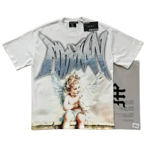 Mixed Emotion Diamond Angel Graphic Tee, Vintage Washed Oversized Cotton T-Shirt for Streetwear, Hip Hop Summer T-Shirts Casual Tee Short Sleeve Urban Top