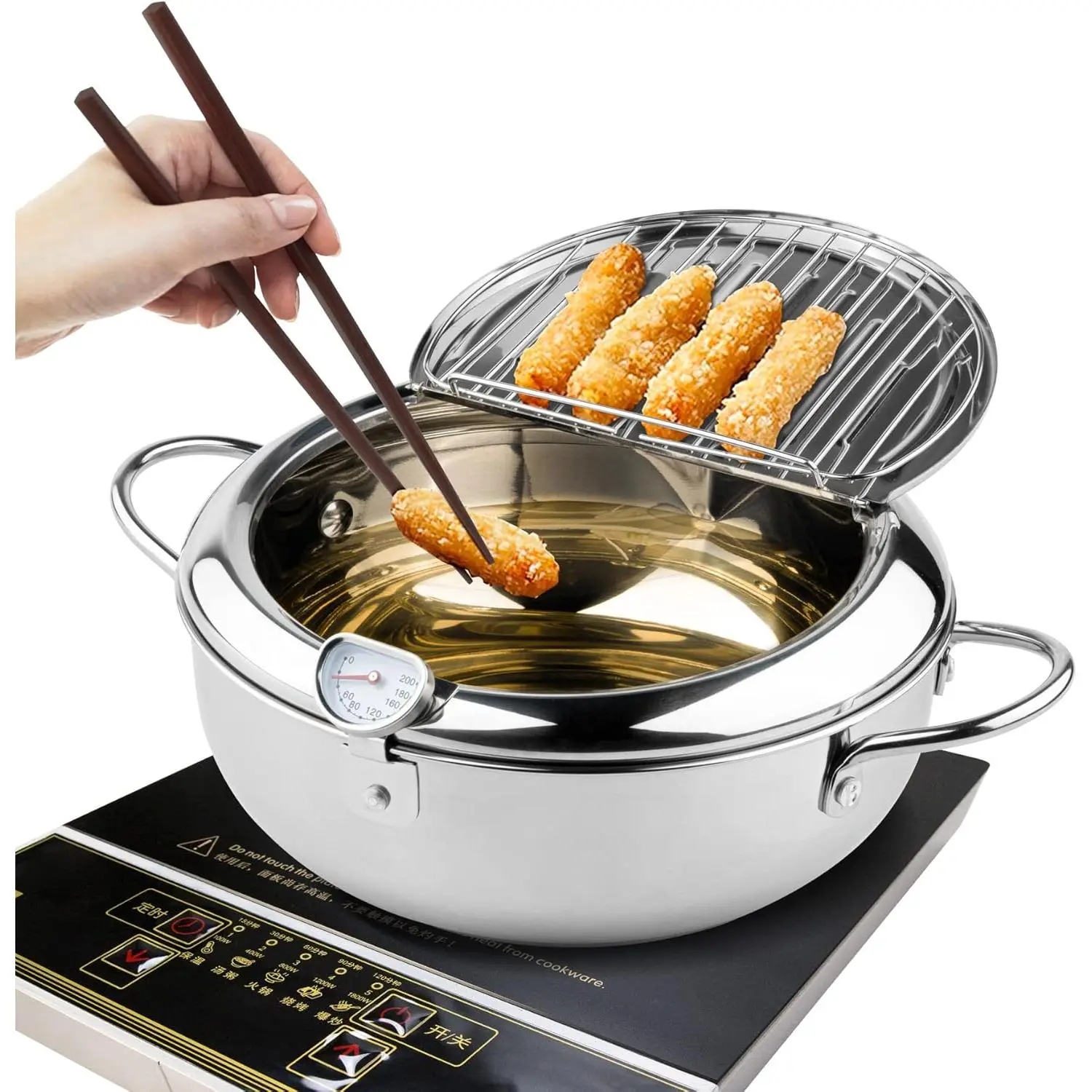 Deep Fryer Pot, 11 Inch/4.2 L Janpanese Style Tempura Frying Pot with Lid, 304 Stainless Steel with Temperature Control and Oil Drip Drainer Rack, for Kitchen  Fries, Chicken etc