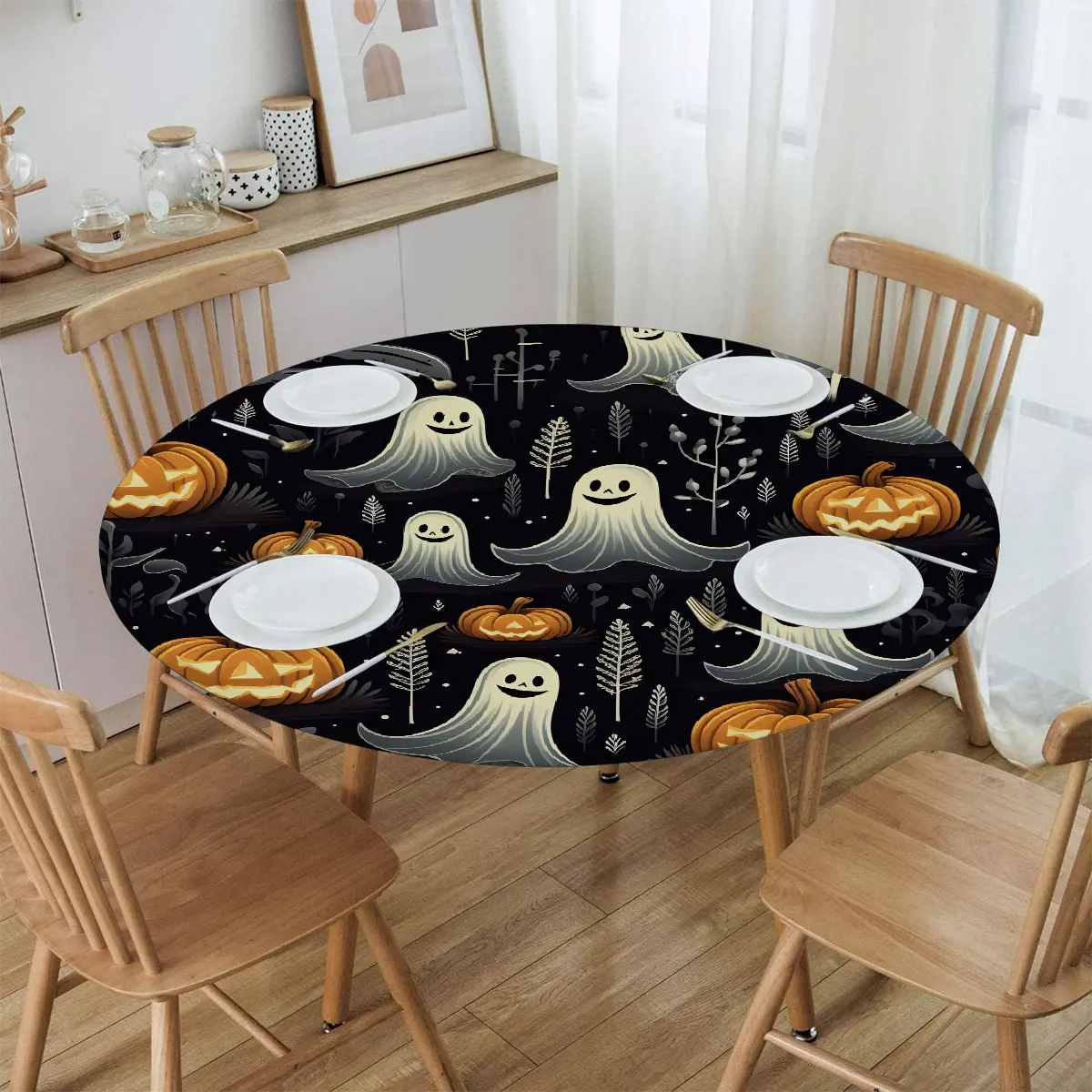 Elastic-Edge Halloween Ghost Pumpkin Fitted Round Tablecloth - Waterproof Kitchen Dining Cover, Holiday Party Decor, Fits 40"-44" Round Tables, Party Decorations, Dining Room Table, Gift, Circle, Waterproof Poly