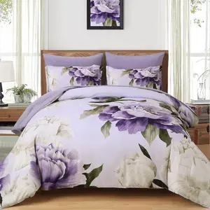 Purple Twin Comforter Set 5 Bed in a Bag Twin Size, Purple Floral Printed on Light Purple Comforter Set with Sheets, Soft Microfiber Botanical Complete Bedding Set for All Season