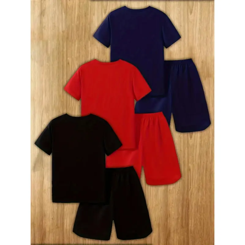 6-piece boys' set, 3D printed casual pullover short-sleeve T-shirt and shorts, boys' T-shirt and shorts set