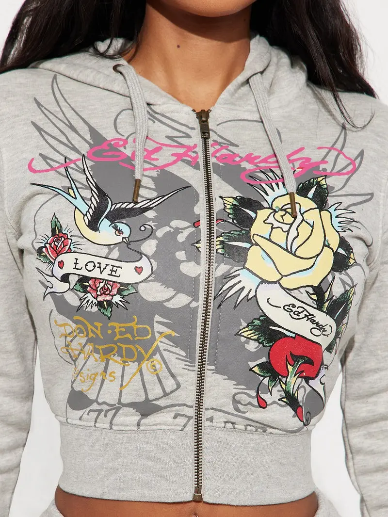 Ed Hardy Rose And Sword Zip Front Hoodie - Heather Grey - TikTok Shop