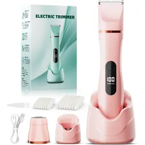 Women's hair removal device, bikini trimmer, painless and waterproof electric reciprocating shaver for face, legs, body, and armpits; Wireless ceramic blade with USB charging dock; Portable travel style, pink.