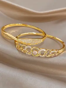2pcs Set Gold-Plated Zircon Bangle Bracelets, Trendy Bangles, Sparkling Paved Interlocking Circles & Twisted Design Adjustable Cuff for Daily Wear, Party, Wedding, Anniversary Gift