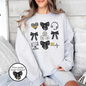 Emergency Dispatcher Bow Sweatshirt, 911 Operator Graphic Pullover, Headset Heart Line Art Crewneck