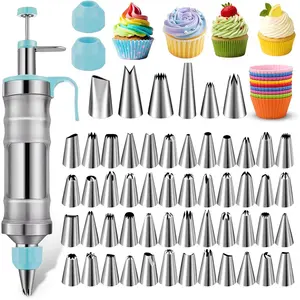 Dessert Decorating  Set, Frosting Piping Kit Stainless Steel Cake Decorating Kit with 54 Piping Tips & 9  Cupcakes, Blue