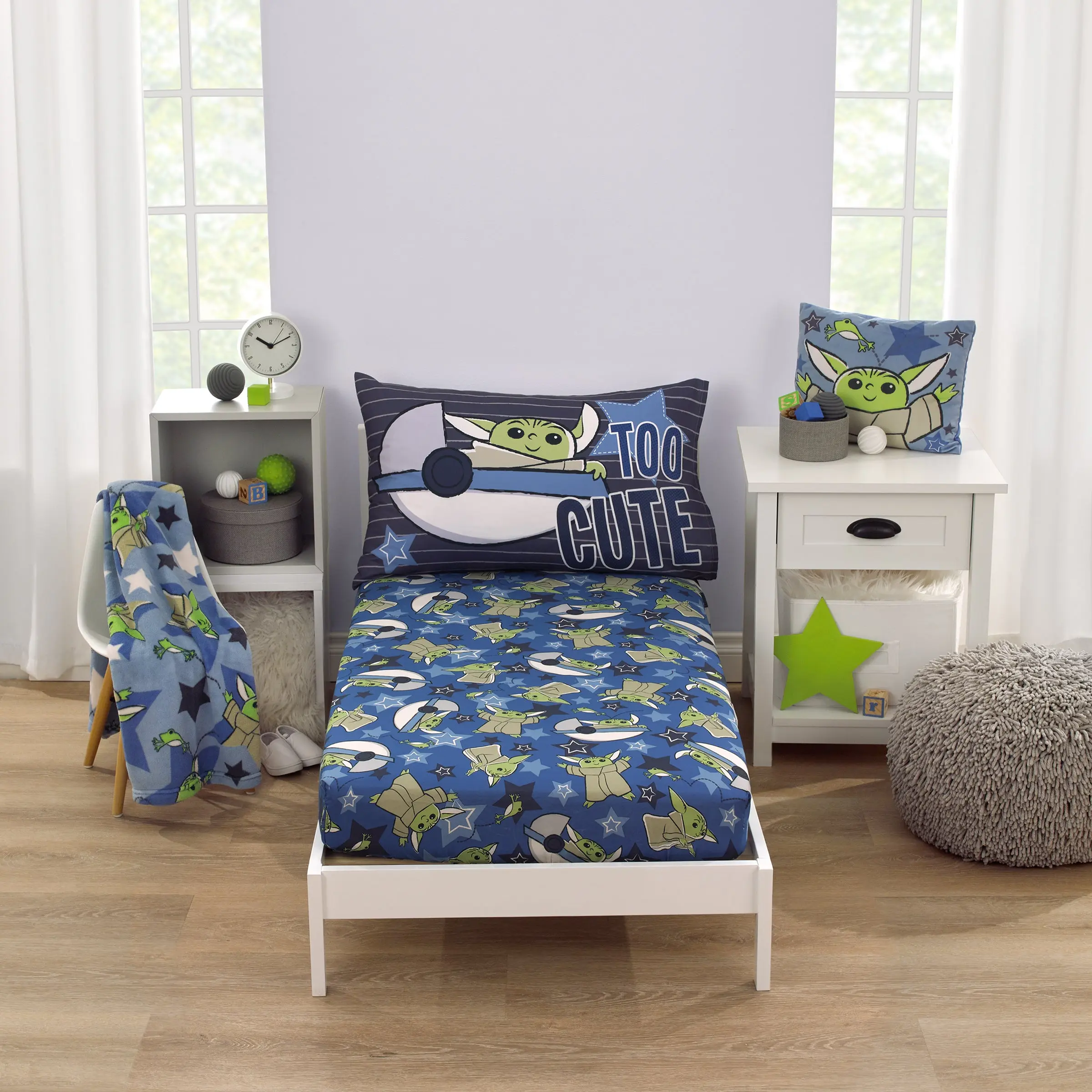 Disney The Child Cutest in the Galaxy Blue, Green, and Gray Grogu and Hover Pod 2 Piece Toddler Sheet Set - Fitted Bottom Sheet and Reversible Pillowcase