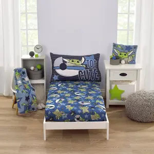 Disney The Child Cutest in the Galaxy Blue, Green, and Gray Grogu and Hover Pod 2 Piece Toddler Sheet Set - Fitted Bottom Sheet and Reversible Pillowcase