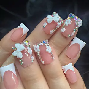 Press-On Nails Beauty Products - Sweet Diorama Duckbill Design, Reusable Hand-Sculpted 3D Bow, Dual-Tone Crystal Accents, Pink-White Color, Long-Wear Formula, 14+ Days Lasting, Sweet Edge Statement, Spring Style