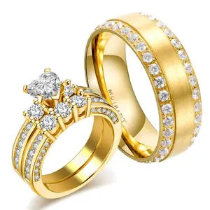 Lvrong Couple Rings Matching Rings Yellow Gold Plated 1.5ct Heart AAA CZ 2pcs Women Wedding Ring Sets For Him And Her Ring Sets Men Titanium Steel Wedding Band
