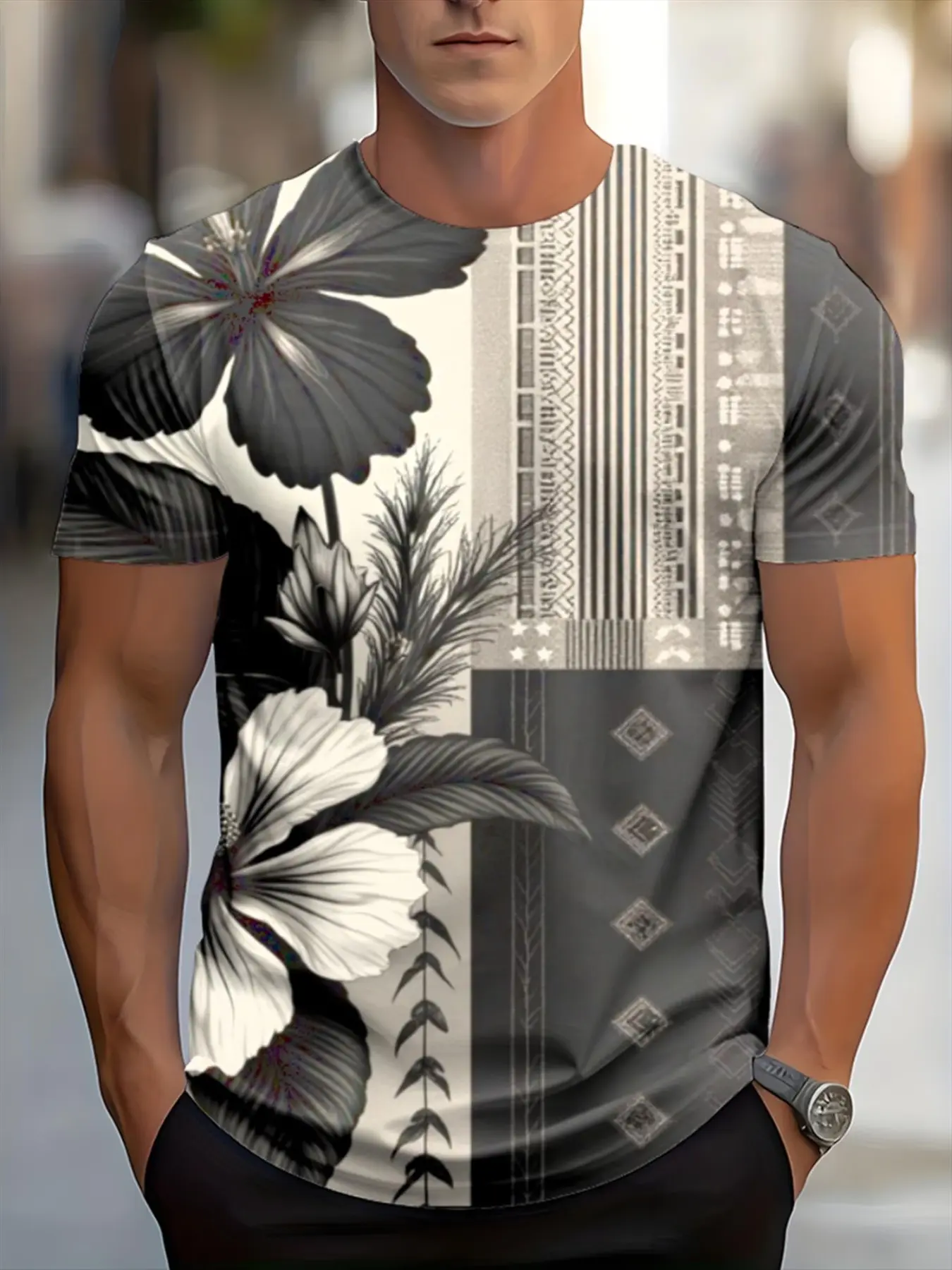 Men's 3D Hawaiian Tribe T-Shirt, Polynesian Jasmine & Maori Tattoo Design, Cultural Print, Casual Long Sleeve Tee