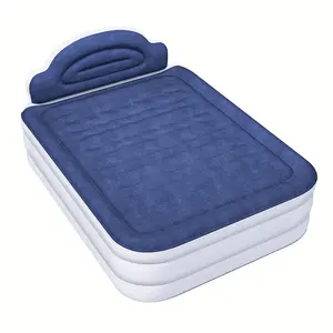 Queen Size Air Mattress with Built-in Pump, 18inch Air Mattress with Headboard, Air Mattress with Storage Bag and Repair Tools, Suitable for Guests, Travel and Camping, Blue