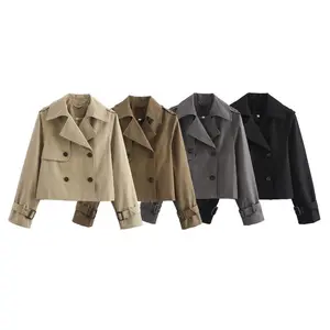 Women's Vintage Short Trench Coat Spring Autumn Jacket Women's Streetwear Double-Breasted Long Sleeve Top Women's Fashion Coat Set Womenswear Outerwear Fitted Minimalist Brown Casual Basic Style Elegant