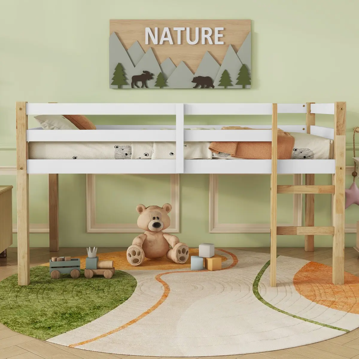 Modern Solid Wood Twin Low-Profile Single Bed - Minimalist Decluttering, Ladder, Strengthened Slat Platform, 6in or Less Height, 62.8 lbs, Single Storage, Natural-White, 78.6"x42.5"x44.3", Assembly Required, Solid Wood Beds, Low-Profile Beds
