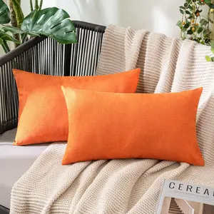 Comfortable Fall Pack of 2 Decorative Outdoor Solid Waterproof Throw Pillow Covers Polyester Linen Garden Farmhouse Cushion Cases for Patio Tent Balcony Couch Sofa 12x20 inch Bright Orange