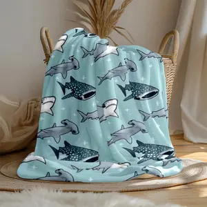 Large Heavyweight Flannel Blanket - Shark & Whale Marine Design, Soft Blue Plush Texture, All-Season Cozy Throw for Bed, Sofa, Car, Camping 30s Yarn, Durable & Warm, Contemporary Ocean Theme Home Decor Gift for Adults &, Bedroom Decor And Accessori