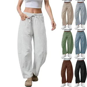 SCUSTY Women's Barrel Leg Pants Drawstring Elastic Waisted Casual Cotton Wide Leg Sweatpant with Pockets