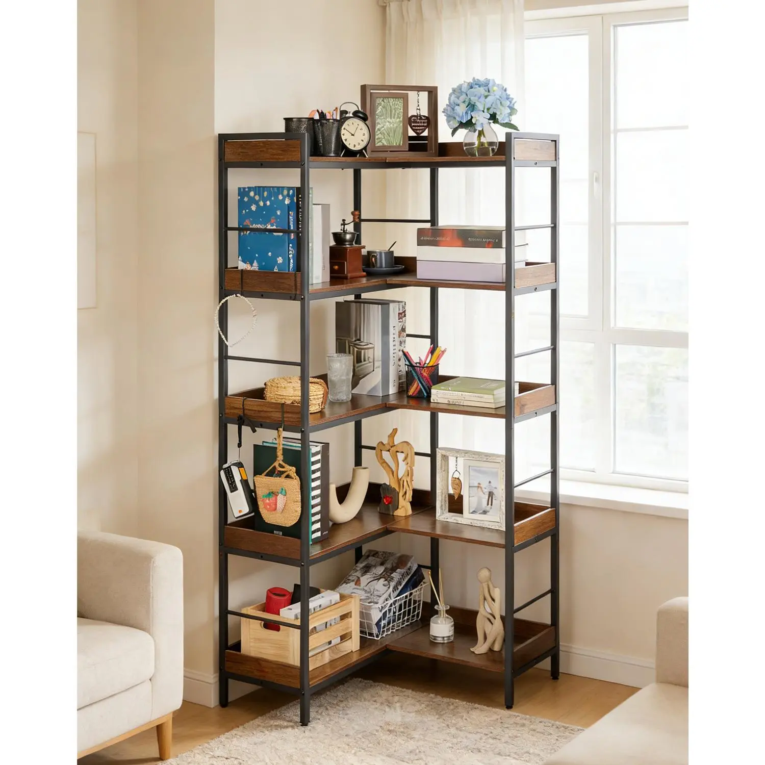 GARVEE Rustic Brown Industrial L-Shaped 5-Tier Corner Bookcase - 65" Heavy-Duty Open Wood & Metal Shelves, Reversible Design, 4 Hooks for Home Office, Living Room