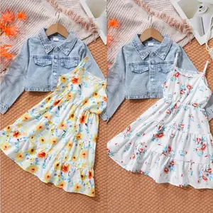 Ready Stock 4-8Y Girls 2pcs Long Sleeve Denim Button Coat & Straps Floral Print Flare Dress Trendy Casual Kids Outdoor Clothes For Spring And Autumn OB064 Summer Outfits Set Skirts Sets