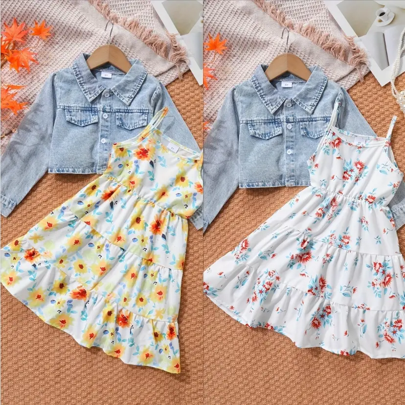 Ready Stock 4-8Y Girls 2pcs Long Sleeve Denim Button Coat & Straps Floral Print Flare Dress Trendy Casual Kids Outdoor Clothes For Spring And Autumn OB064 Summer Outfits Set Skirts Sets