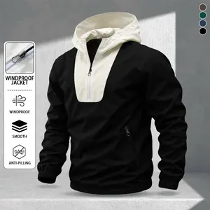 Men's Colorblock Patchwork Half Zip Hooded Jacket, Windproof & Durable Fabric, Relaxed Fit, Urban Street Style, Versatile Lightweight Layer for Casual Wear