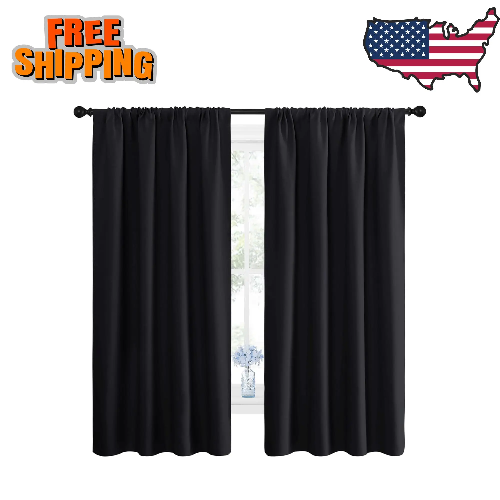 Black Blackout Curtain Blinds - Solid Thermal Insulated Window (2 Panels, 42x63 inches, Black)