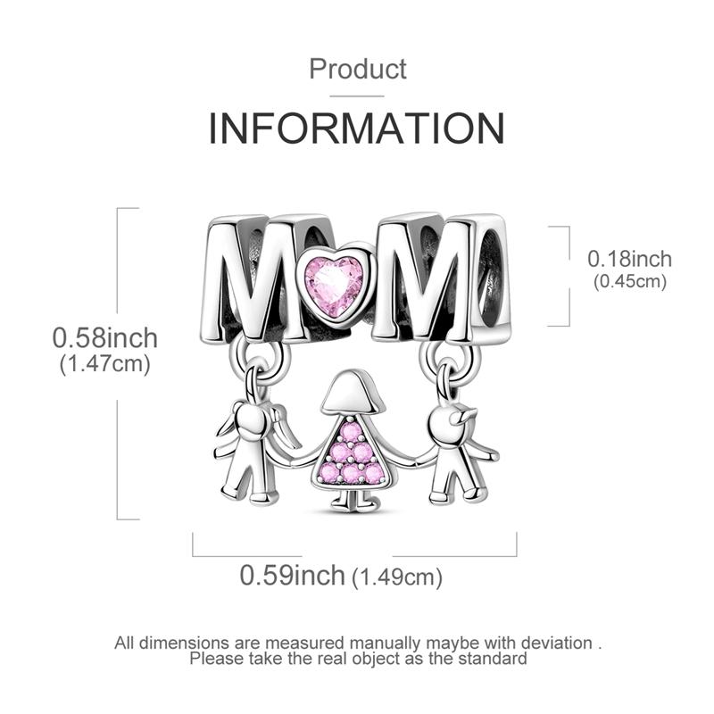 MULA Mom and Child Holding Hands S925 Sterling Silver Beads with Pink CZ Hearts - Perfect for Mother's Day, Birthdays and Family Celebrations, Compatible with Pandora Bracelets and Necklaces