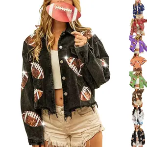 SCUSTY Women's Cropped Corduroy Jacket Football Sequin Patched Short Button Raw Hem Jacket Coat