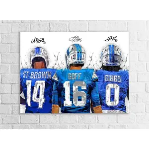 [UNFRAMED] Jared Goff Amon-Ra St Brown Jahmyr Gibbs Poster Highlighting Offensive Firepower, Detroit Football Wall Art for Fans Home Decor