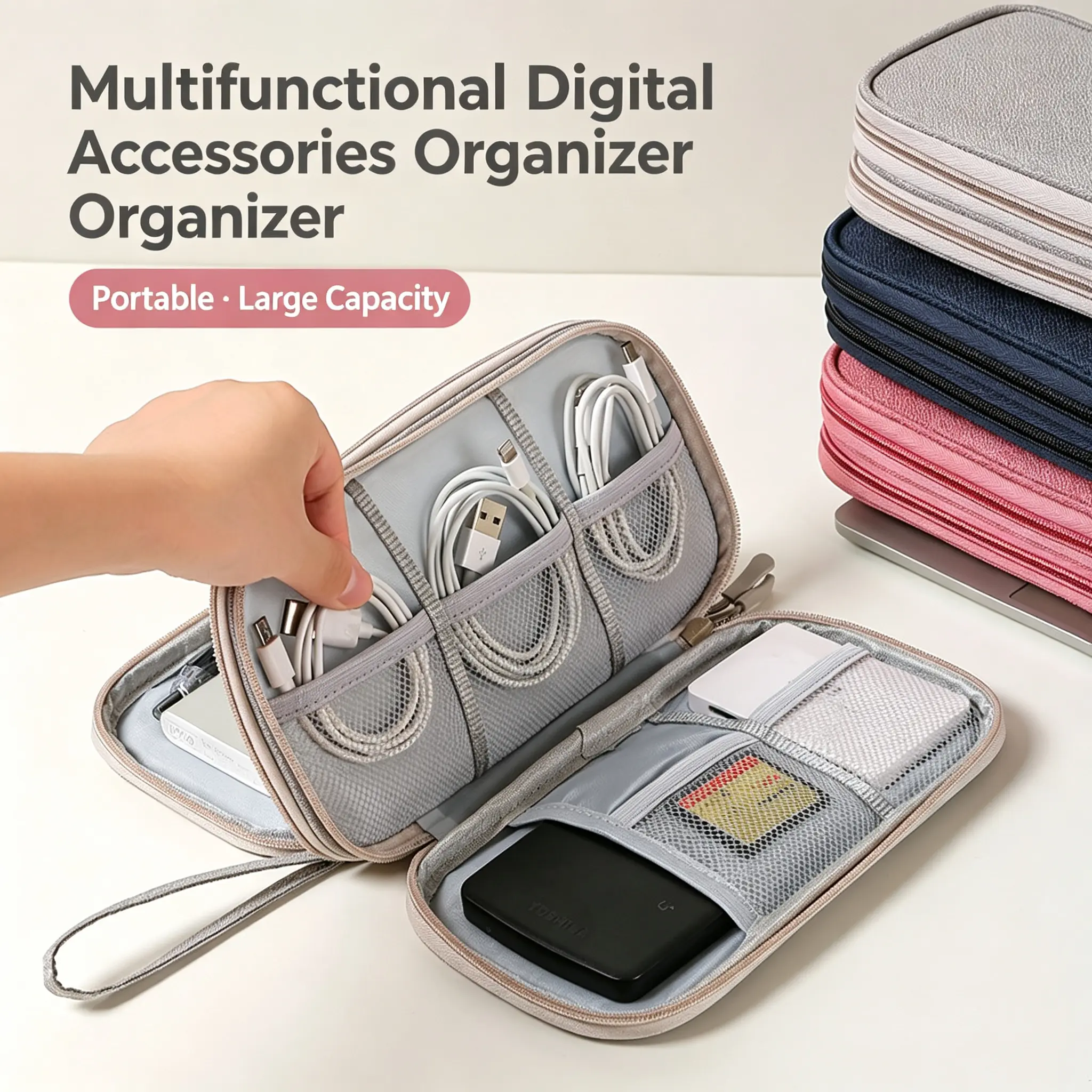 Travel Cable Organizer Pouch – Waterproof Double Layer Electronics Storage Bag for Cords, Chargers, and Accessories, Medium, Black