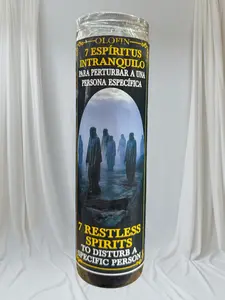 Veladora preparada 7 espíritus intranquilos 7 Restless Spirits Religious Prayer Candle, Green Glass, 8-inch Tall, Bilingual Spanish English Prayer Text