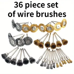 36 Piece Steel Wire Brush Polishing Wheel Set, Rotary Tool 3mm Handle, Micro Grinding Head, Jewelry Polishing, T-Shape Bowl Brush