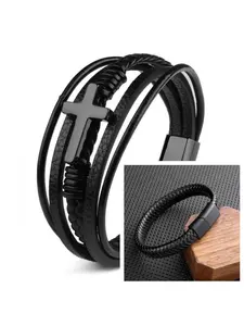 Hot selling punk cross leather bracelet, two men's multi-layer hand woven rope magnetic buckle bracelet accessories Trendy Stack Bangle