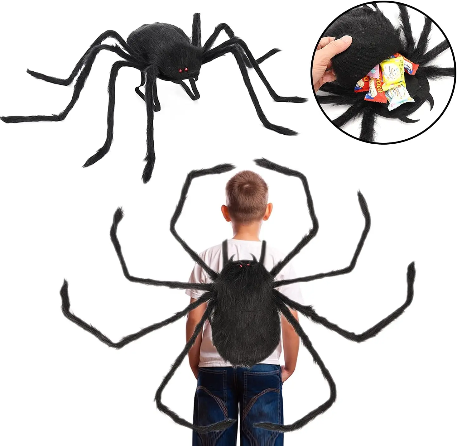 Halloween Spider Costume Party Decorations-Halloween Candy Spider Props with Straps for Kids,Giant HalloweenSpider Decorations Outdoor Indoor Realistic Spider Costume for Yard Haunted House Web DecorGift.