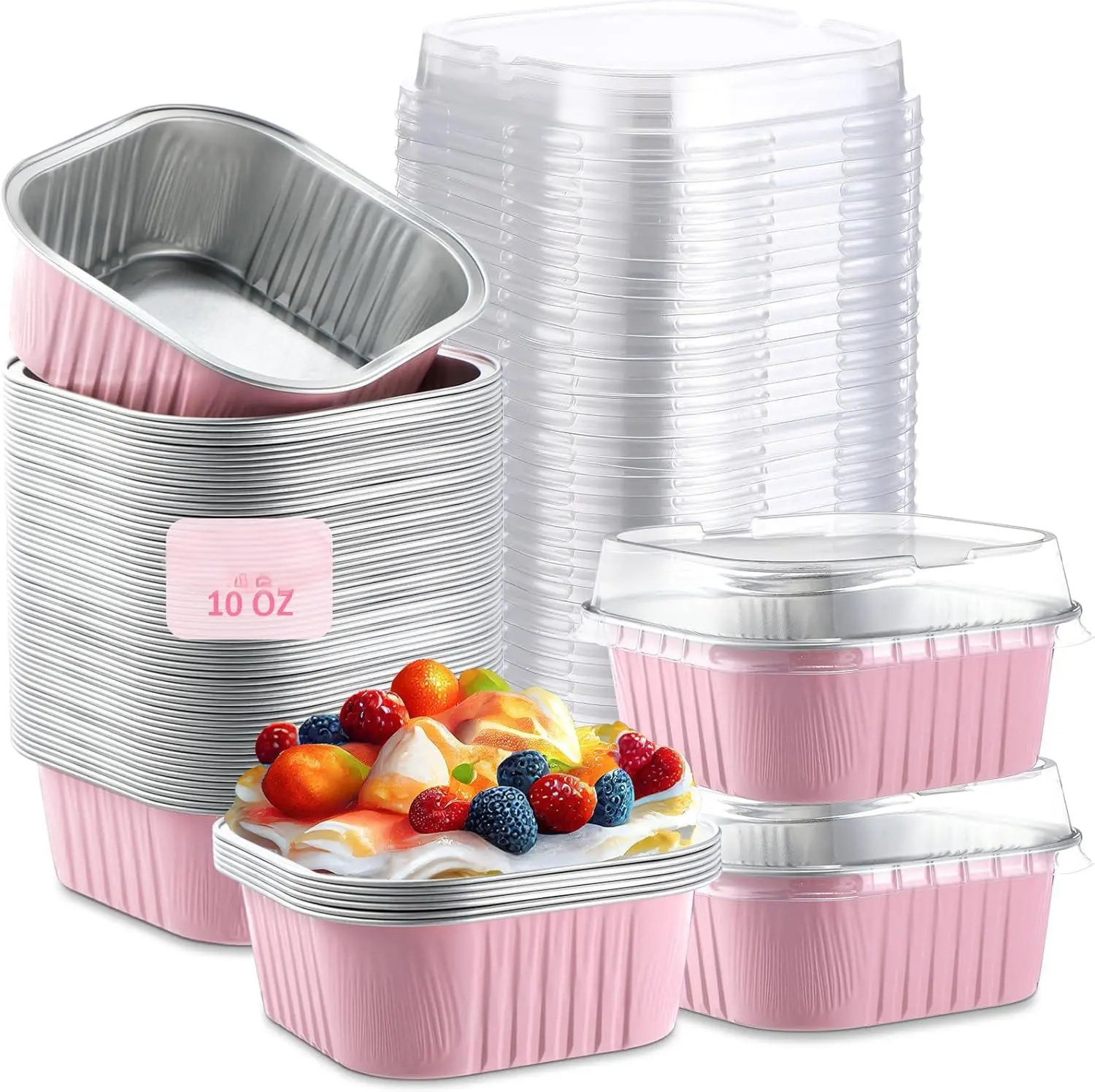 30-Piece 10 oz Square Aluminum+Plastic Foil Bakeware Cups Set (4"x4") - Disposable Oven-Safe Baking Pans, Home Baking Supplies with Transparent Lids, Party Ready for Baby Shower, Individual Cupcake Containers