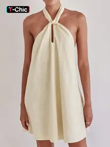 Women's Solid Halter Neck Linen Dress, Casual Sleeveless Long Dress for Summer, Ladies Clothes for Beach Holiday