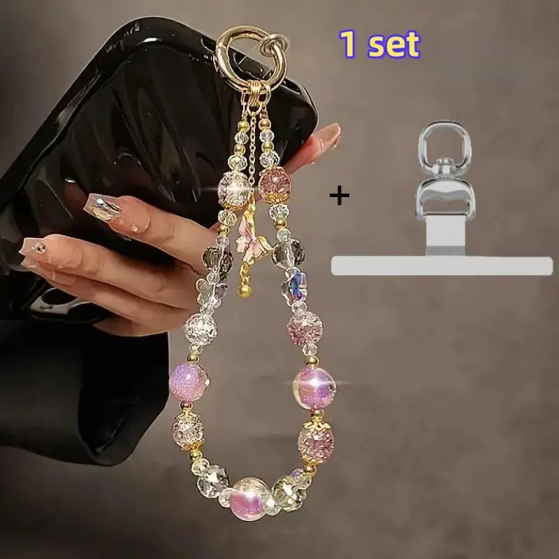 Handmade Mobile Phone Lanyard Keychain Set with 360 Degree Rotating Stainless Steel Slim Attachment, Elegant Butterfly Beaded Wrist Strap with Pearl Accents, Cell Phone Charm, Phone Accessory
