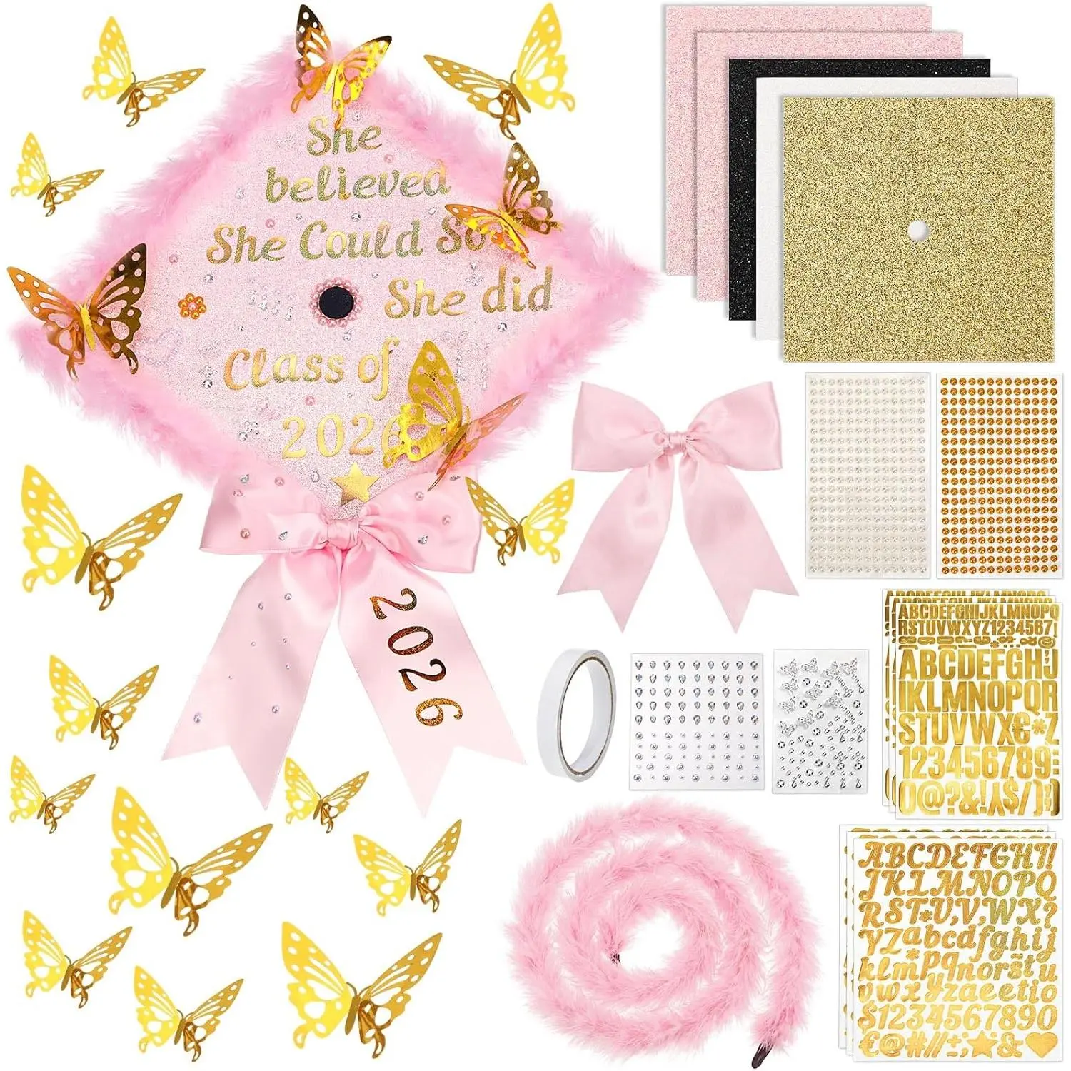 30 count DIY Graduation Cap Decorations Kit Grad Hats Decor Included  Artificial Butterfly Bow Glitter Paper Plush Alphabet Letter Stickers for 2026 DIY Grad Cap Decorations()