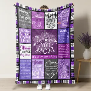 For Mother's Day Purple Patchwork "I Love You Mom" Plush Blanket, Sentimental Mother Quote Collage & Floral Heart Graphic Soft Fleece Throw Blanket, Perfect for Mom, Mother's Day Gifts & Sentimental Family Love Enthusiasts