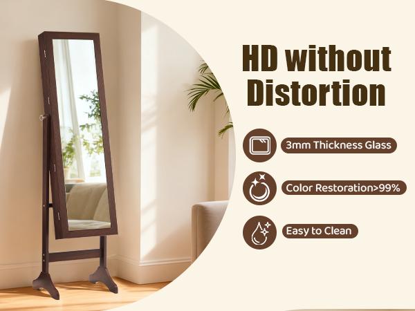 Lockable Jewelry Armoire with Full Length Mirror – Freestanding Standing Mirror Cabinet – Velvet Lining Makeup Organizer, 5 Shelves, Accessory Pouch & 3 Viewing Angles