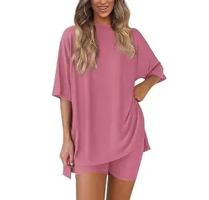 2026 New Women Casual Round Neck Split Hem Loose Short Sleeve Homewear Set