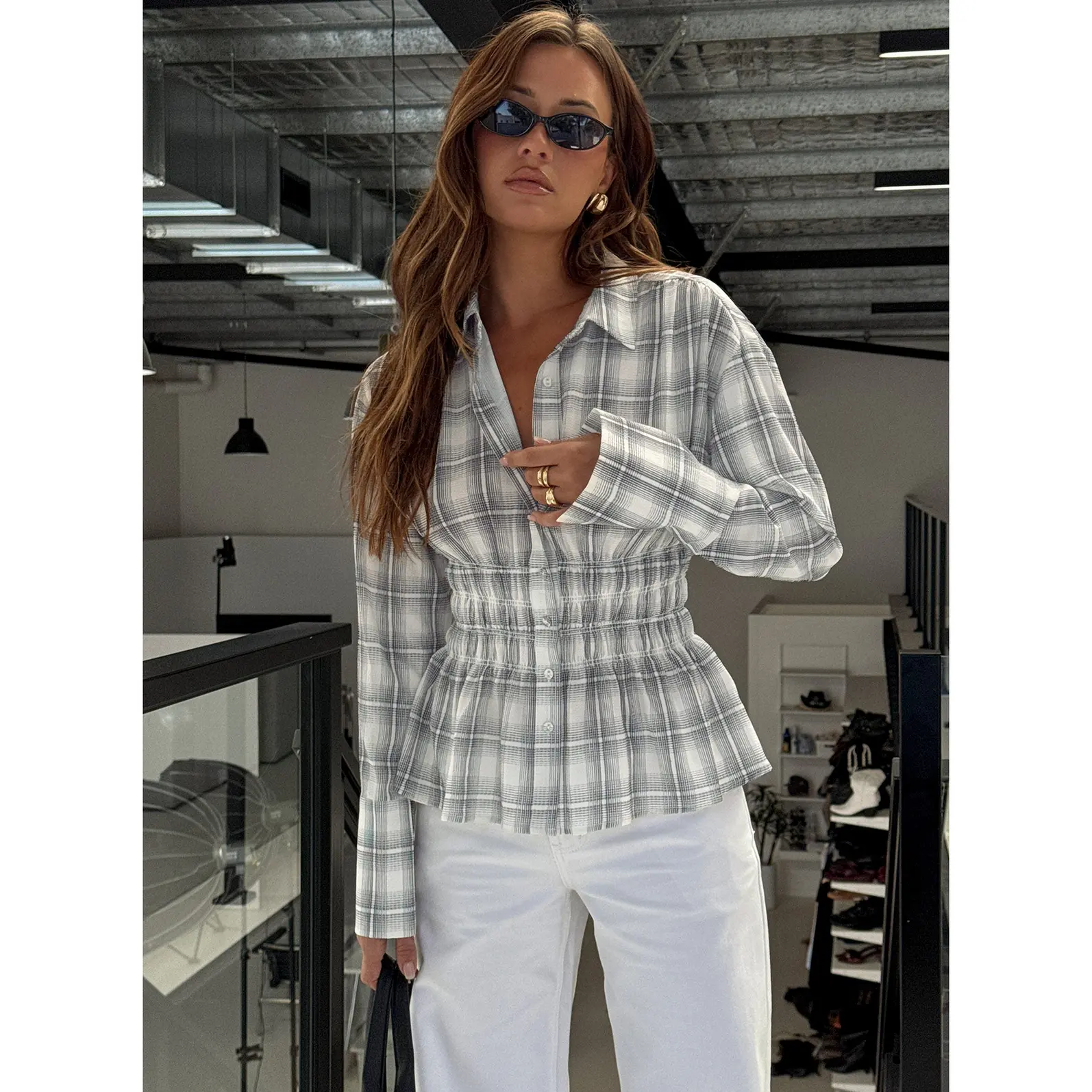 As You Are Shirred Button Up Top Black Check