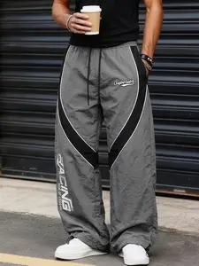 Men's Fashion Letter Print Pants, Taslon Fabric, Colorblock Stripes, Casual Sport Athletic Long Pants, Ideal for Daily Wear, Outdoor Hiking, Activewear