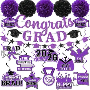 Purple Graduation Decorations, Graduation Decorations Class Of 2026 Congrats Banner Purple and Black Graduation Congrats Grad Hanging Swirls for College Grad Party